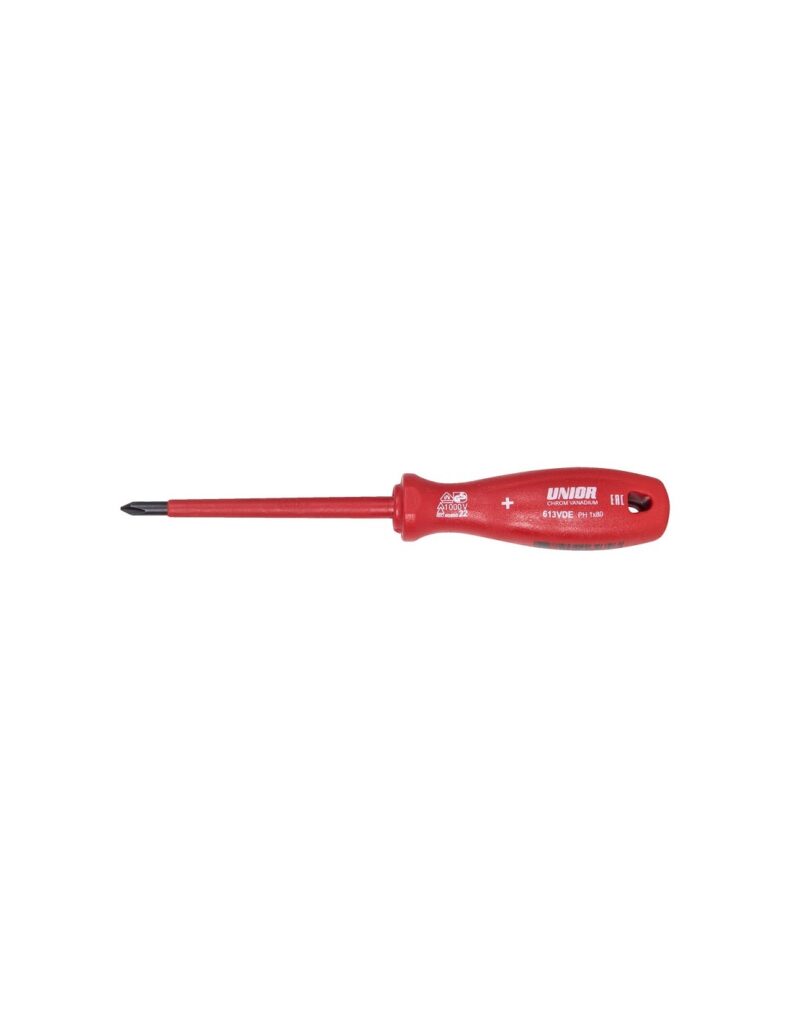 Destornillador Phillips aislado de 1 000 V UNIOR 616479 de 165 mm, mango ergonómico rojo para trabajo eléctrico profesional.