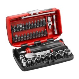 Juego de carraca FACOM con puntas intercambiables y vasos cromados, estuche compacto para uso profesional - fondo blanco.alt